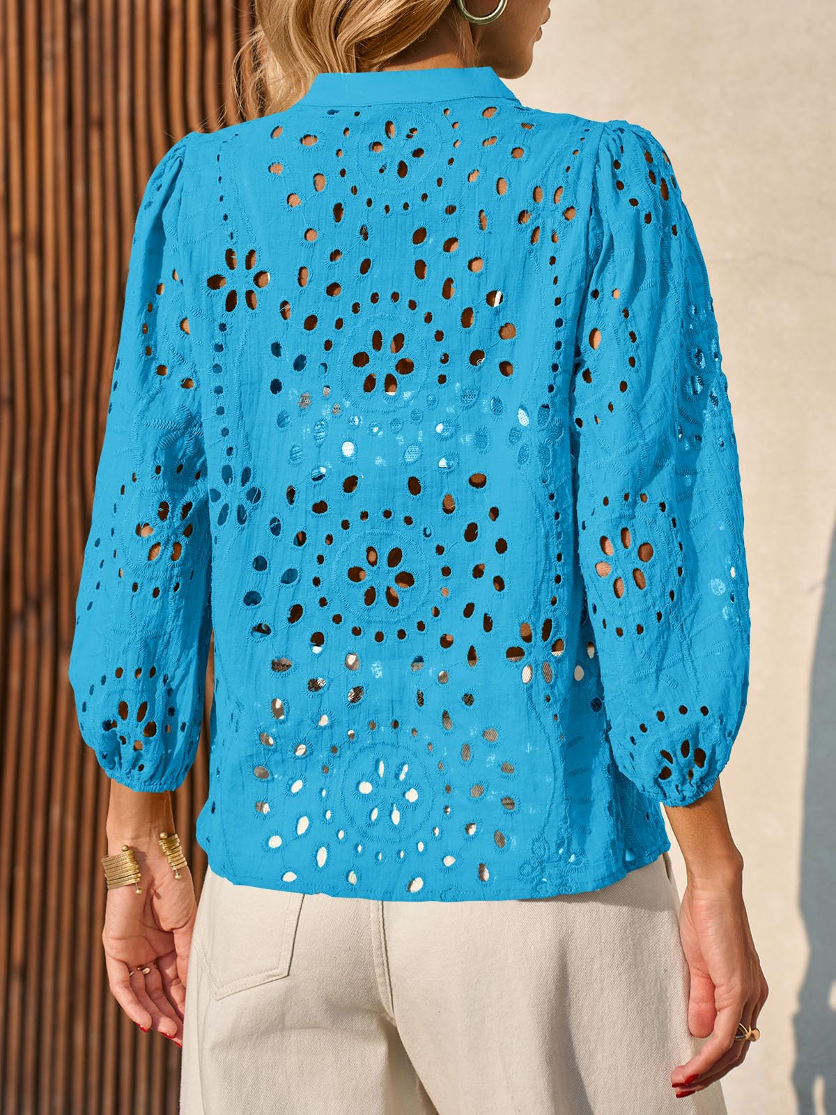 Womens Deep V Neck Eyelet Blouses Casual 3/4 Balloon Sleeve Button Down Shirts(buy 2 free shipping)