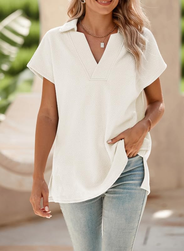2025 New Women's Casual Collared V Neck Short Sleeve T Shirt(buy 2 free shipping)
