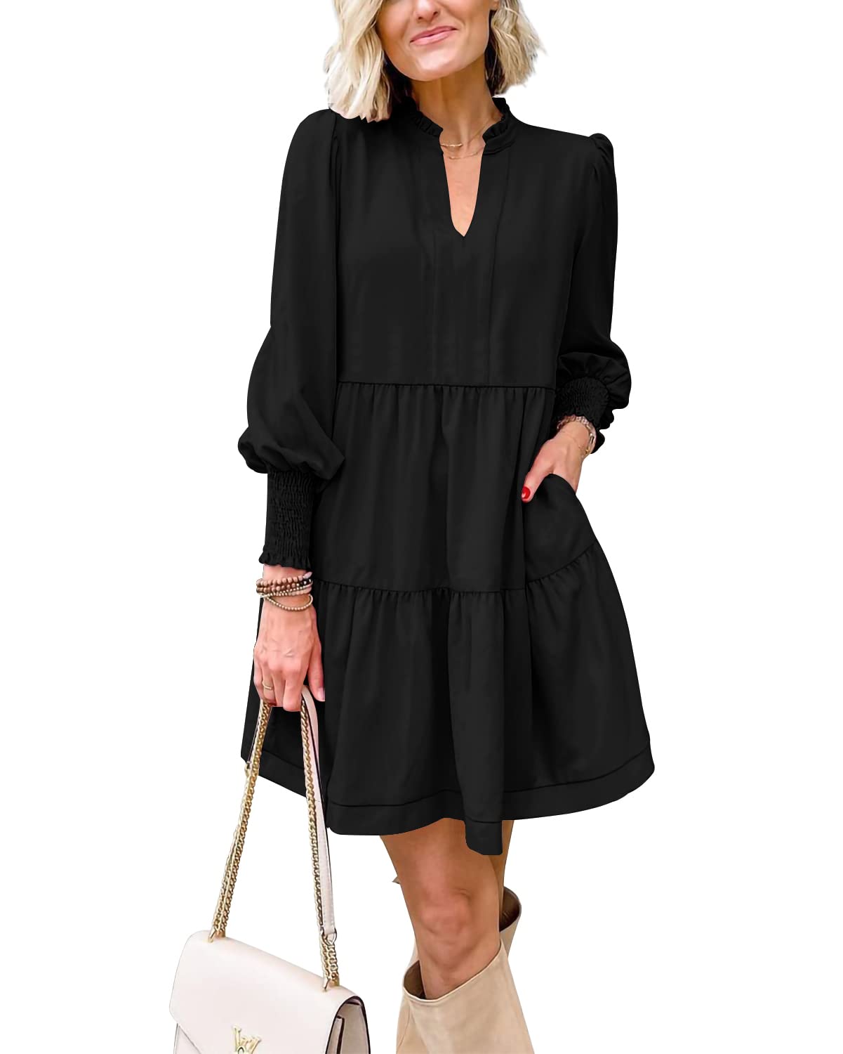Women's  Casual V Neck Fall Long Sleeve Loose Ruffle Tiered Dress