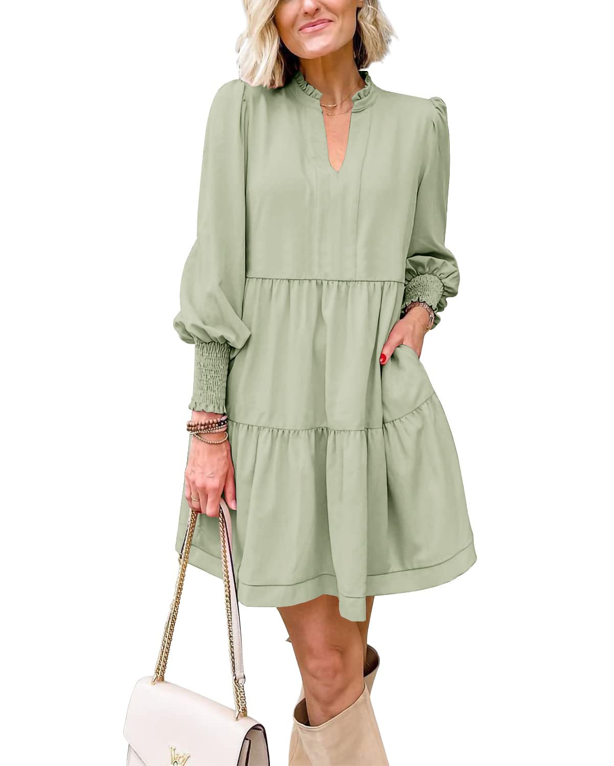 Women's  Casual V Neck Fall Long Sleeve Loose Ruffle Tiered Dress