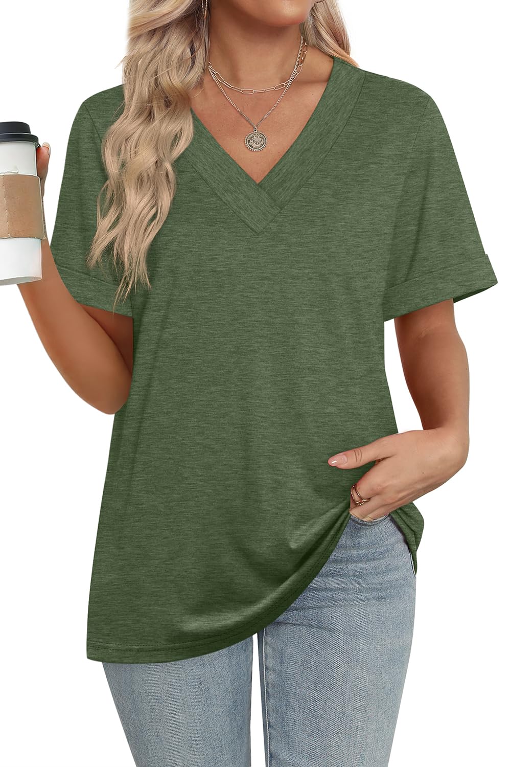2025 New women's Summer Tops Short Sleeve Basic Casual V Neck T Shirts(BUY 3 FREE SHIPPING)