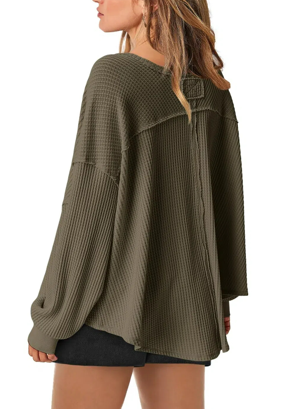 Women's Waffle Knit Oversized V Neck Batwing Long Sleeve Tops 