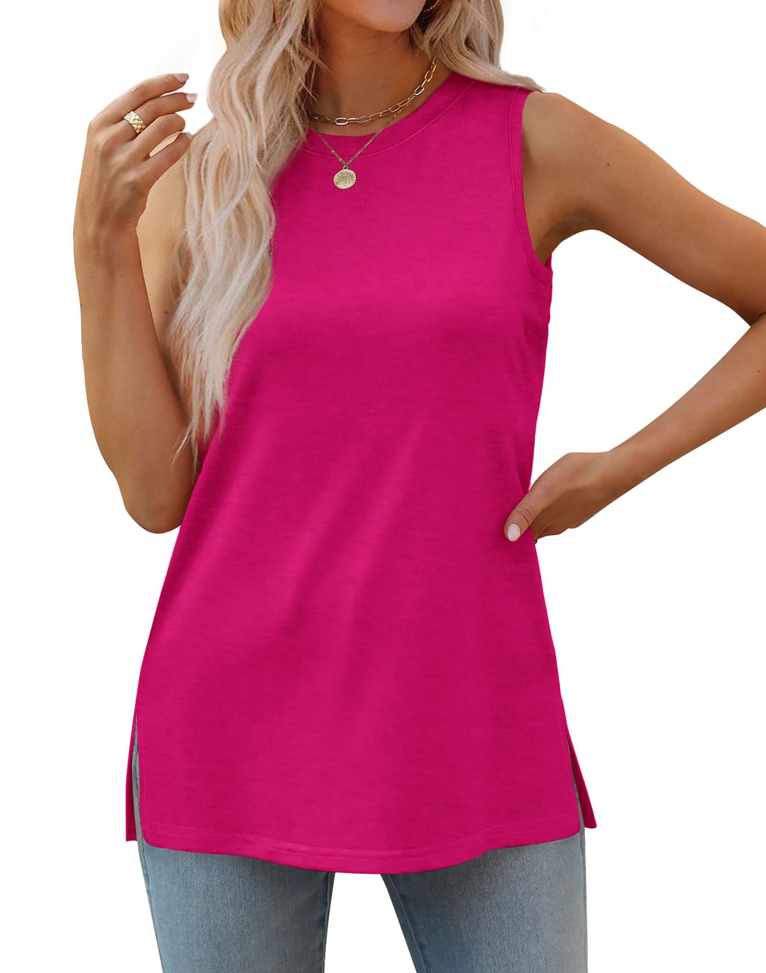 Womens Crewneck Loose Fit Side Split  Basic Casual Summer Tank Tops(buy 3 free shipping)