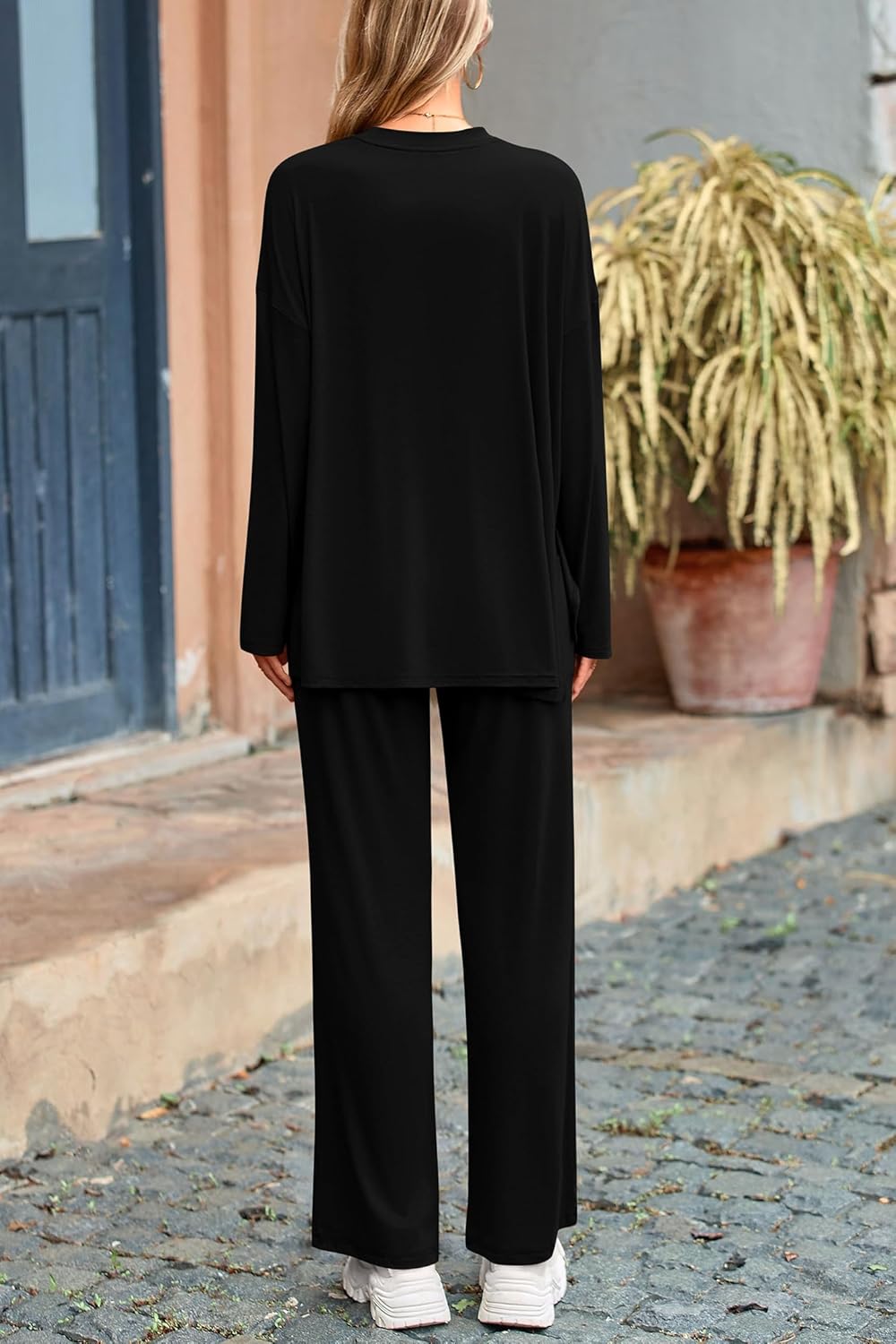 Women's Matching Long Sleeve Shirts Wide Leg Pants Two Piece Lounge Sets 