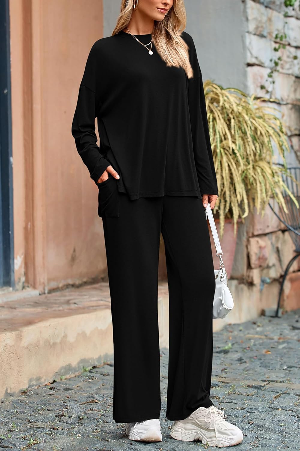 Women's Matching Long Sleeve Shirts Wide Leg Pants Two Piece Lounge Sets 