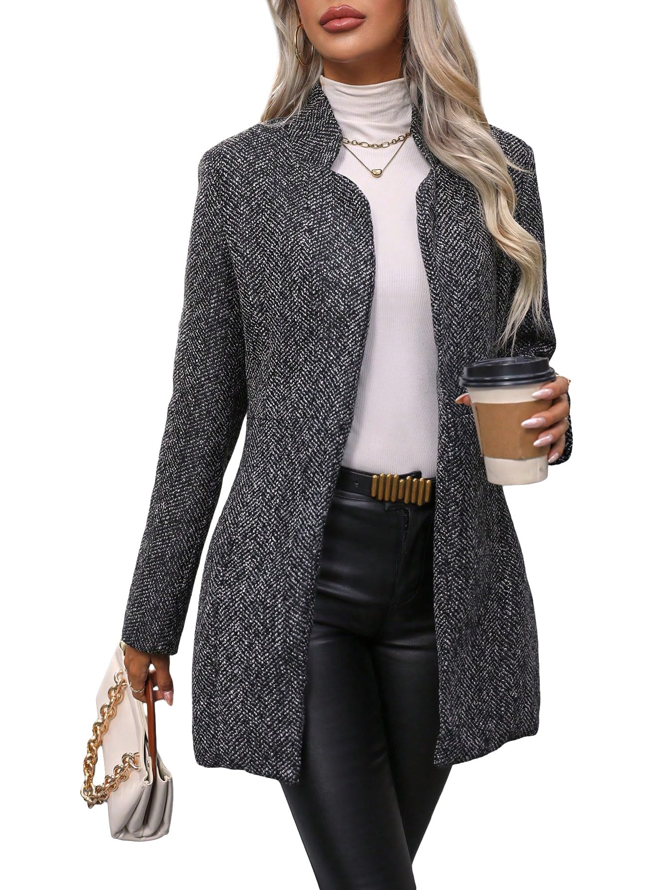 Women's Open Front Slim Fit Overcoat Long Sleeve Stand Collar Outerwear 