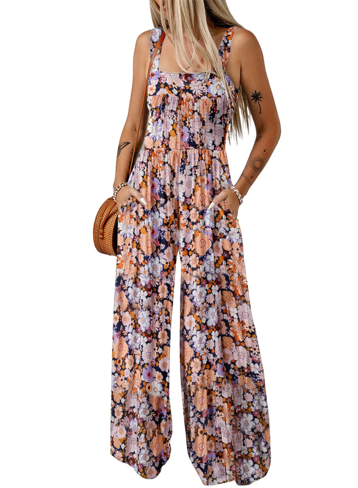 Womens Overalls Casual Floral Print Sleeveless Jumpsuit with Pockets