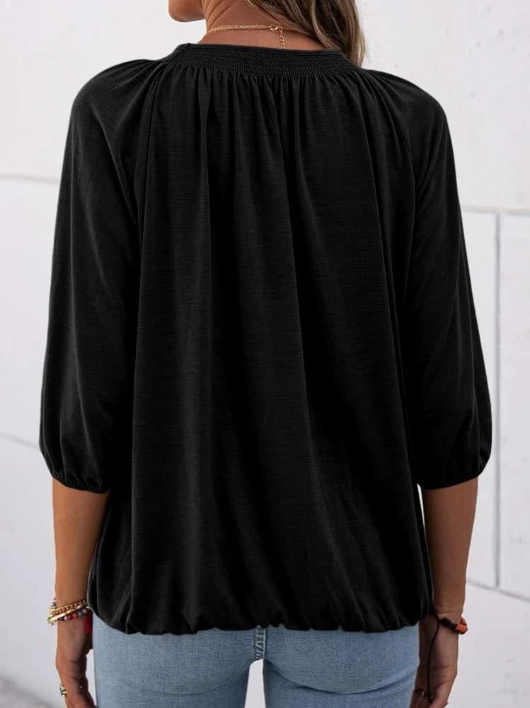 Women's Casual Cotton 3/4 Sleeve Loose Pleated Basic Tops
