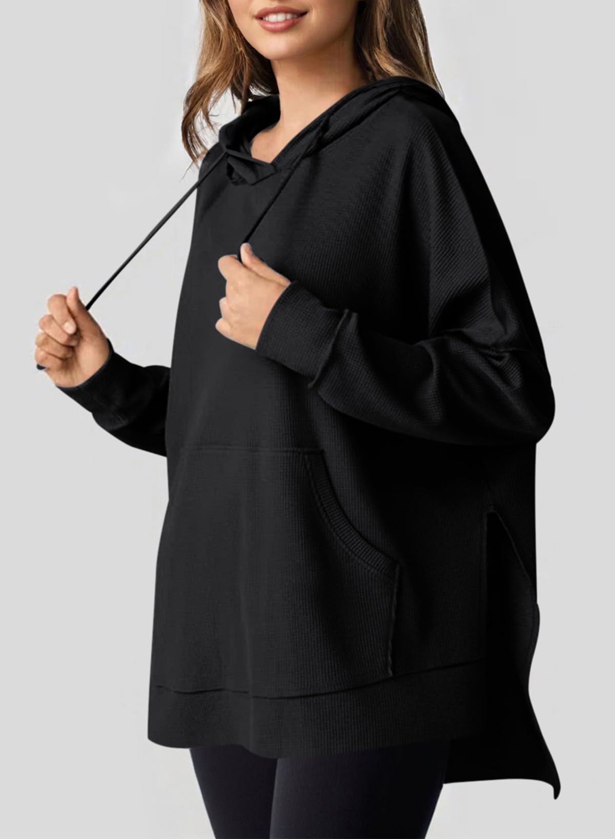 Oversized Hoodies for Women Waffle Knit Drawstring Side Slit Pullover Sweatshirts with Pocket (Final Days: Big Savings!!!)