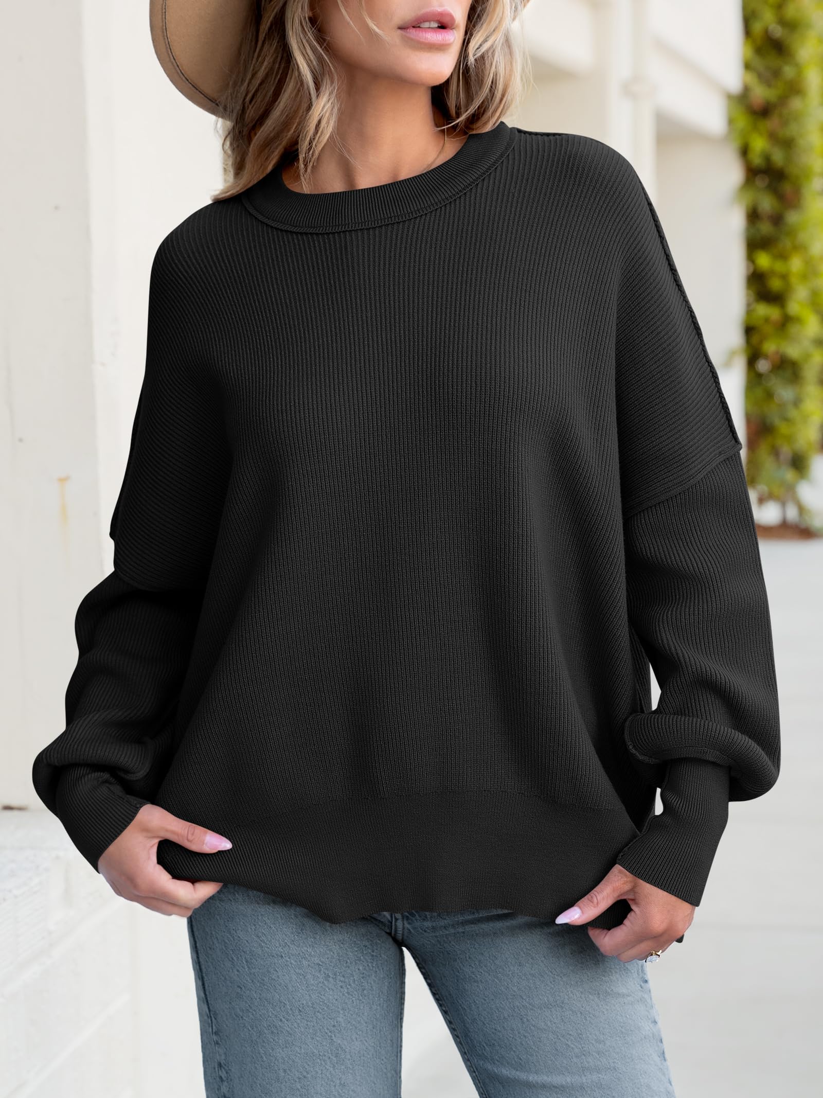 Women Oversized Side Slit Ribbed Knit Pullover Sweaters Top 