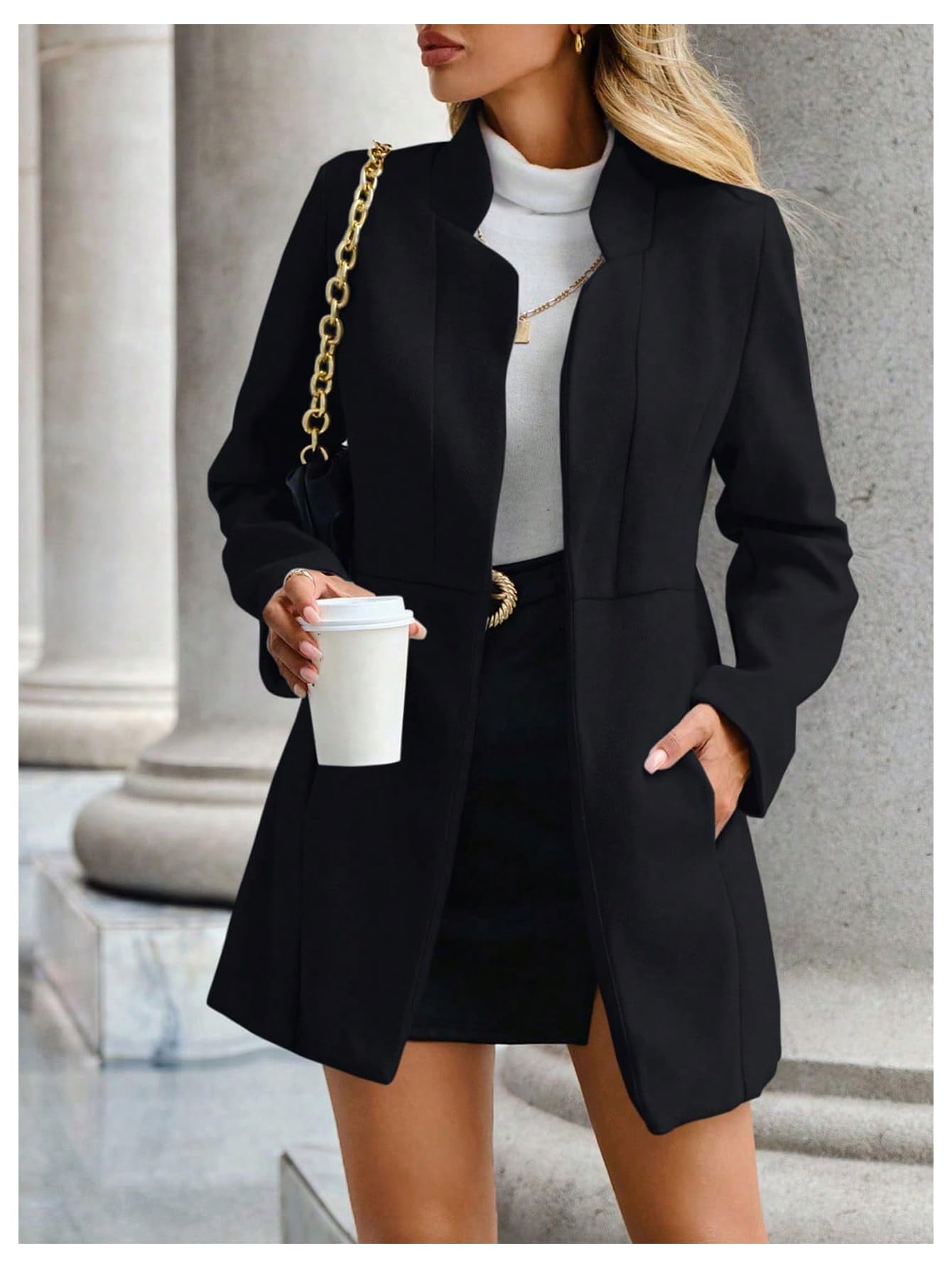 Women's Open Front Slim Fit Overcoat Long Sleeve Stand Collar Outerwear 