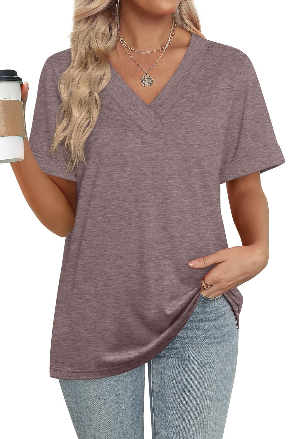 2025 New women's Summer Tops Short Sleeve Basic Casual V Neck T Shirts(BUY 3 FREE SHIPPING)
