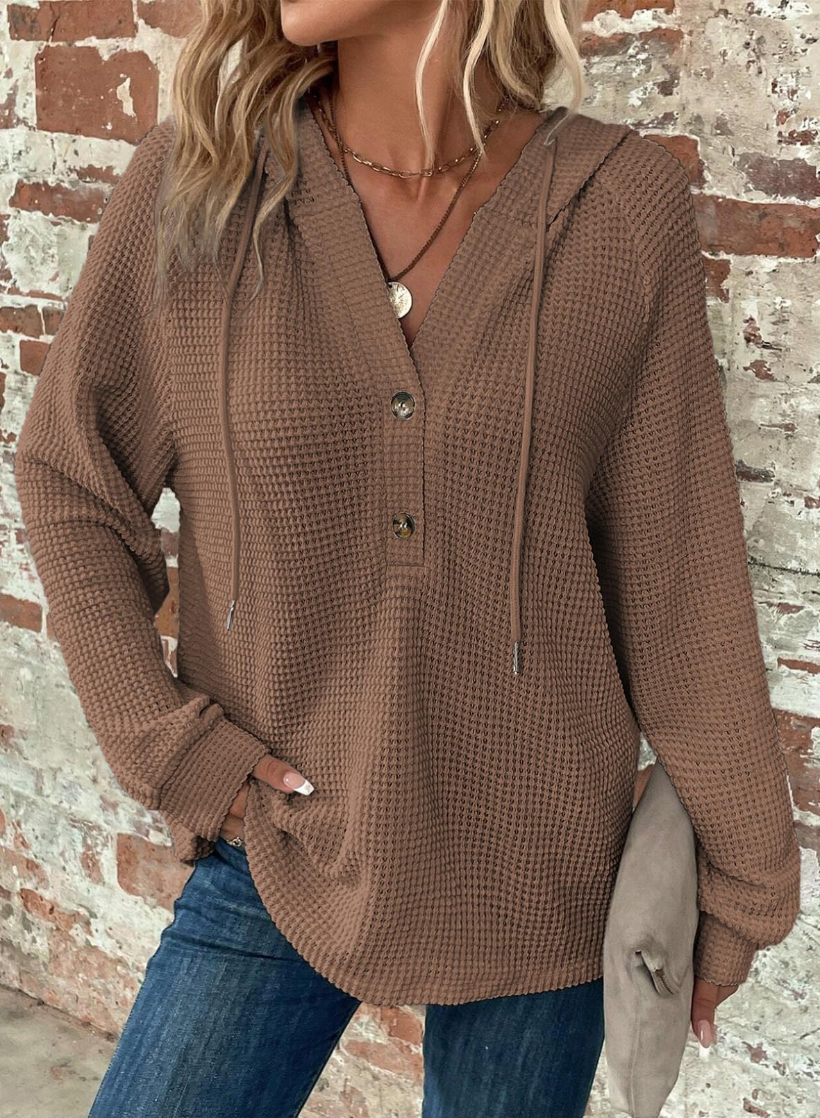 2024 New Women's Waffle Knit Drawstring Button V Neck Hooded Sweatshirt(buy 2 free shipping)