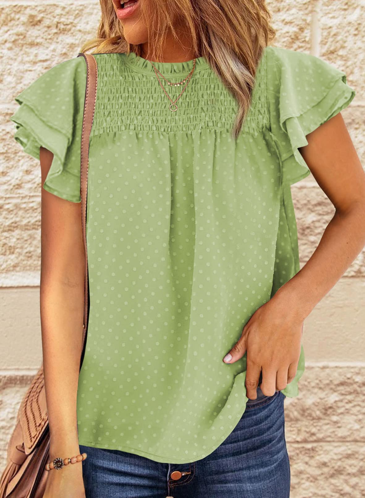 Womens Crewneck Lace Crochet Pom Pom Flowy Short Sleeve Casual Shirts Blouses