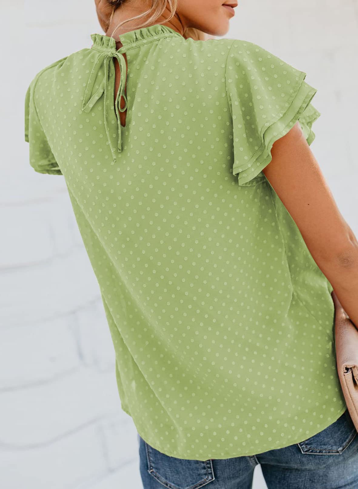 Womens Crewneck Lace Crochet Pom Pom Flowy Short Sleeve Casual Shirts Blouses