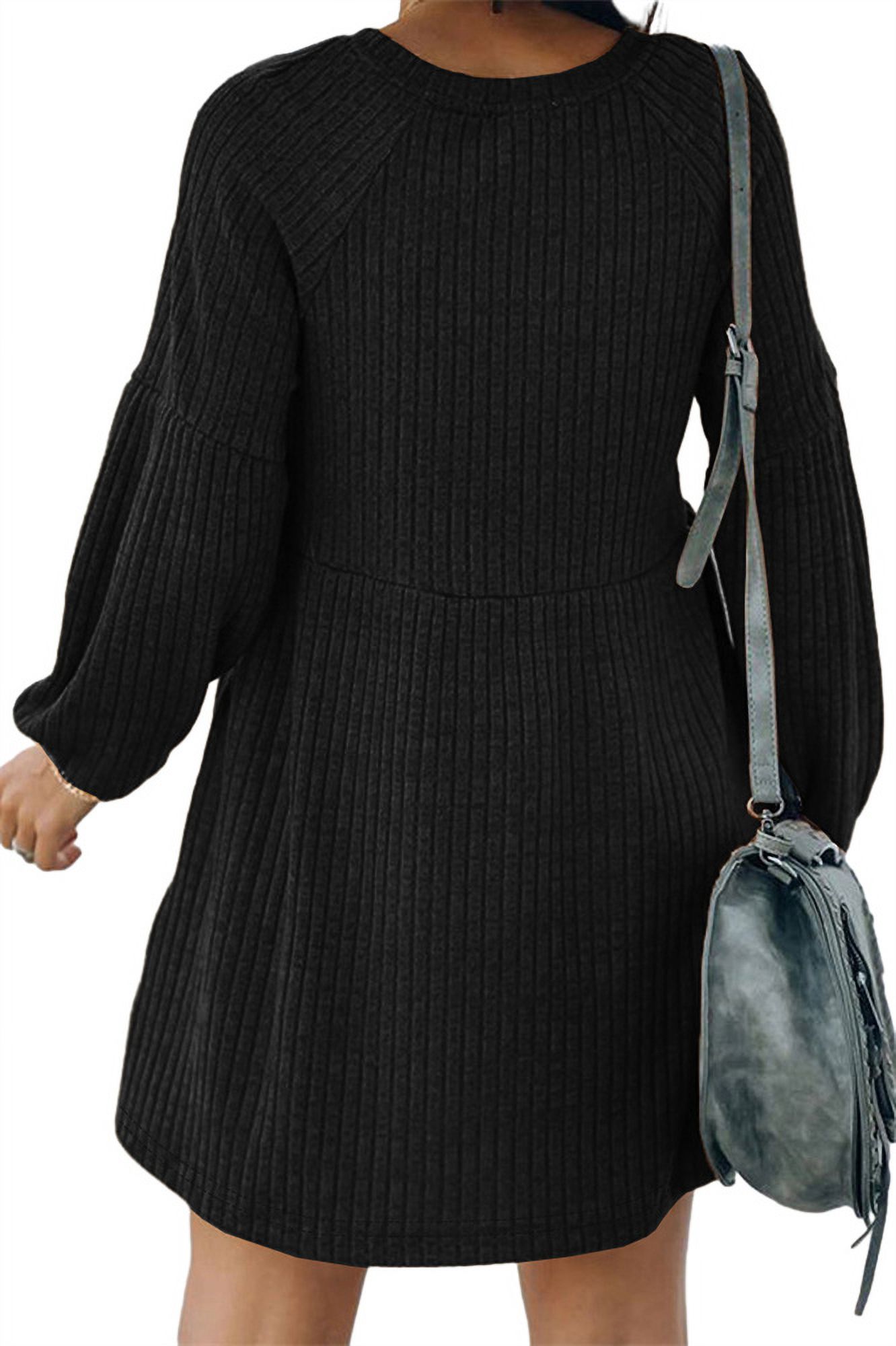 Minimalist Chic Plain Textured Ribbed Pocket Bishop Sleeve Crewneck Dress