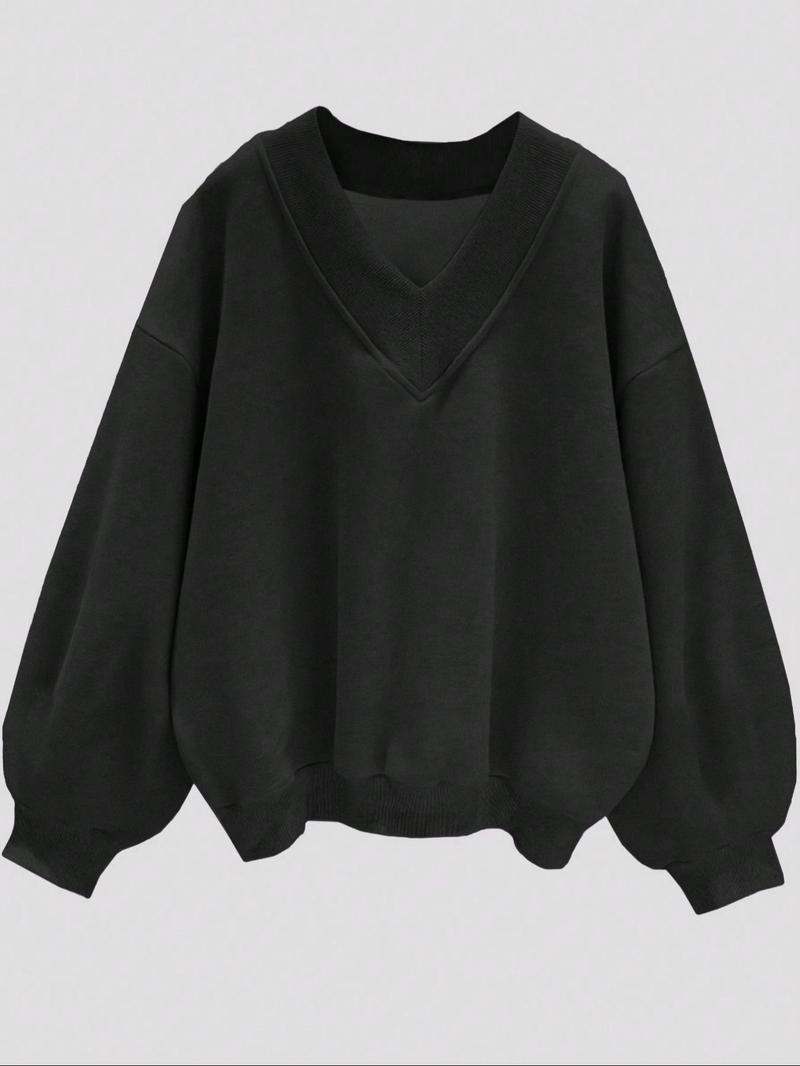 Womens Casual Sweatshirt V Neck Oversized Hoodless Solid Pullover