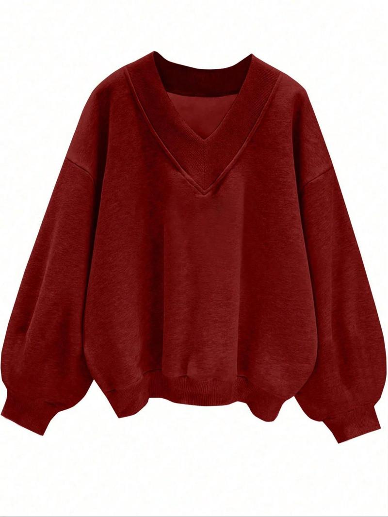 Womens Casual Sweatshirt V Neck Oversized Hoodless Solid Pullover