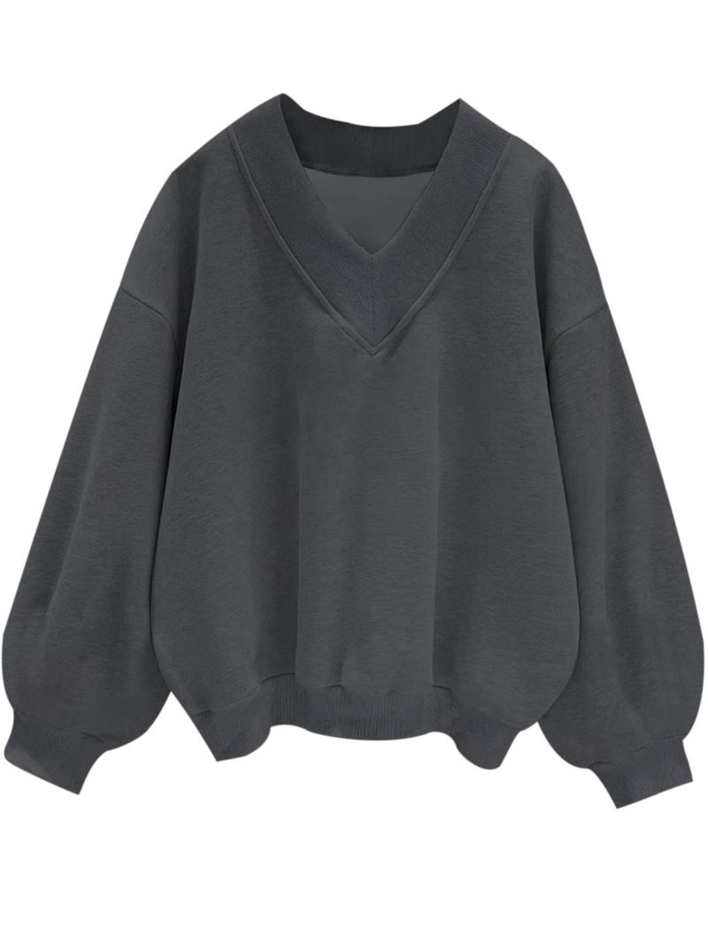 Womens Casual Sweatshirt V Neck Oversized Hoodless Solid Pullover