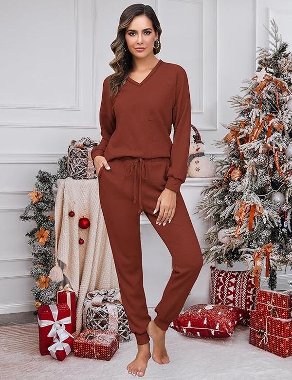 V Neck Waffle Knit Sleepwear Top and Pant Lounge Sets(Buy 2 Free Shipping)