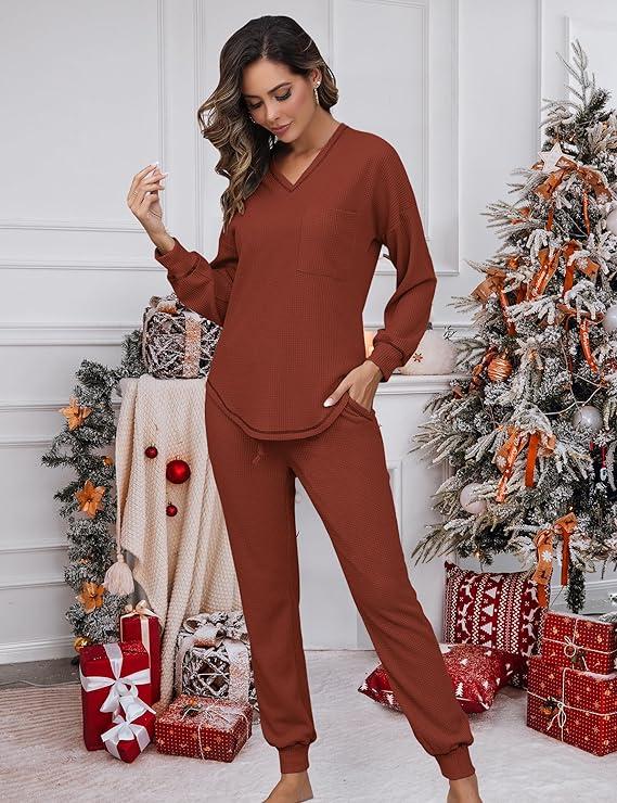 V Neck Waffle Knit Sleepwear Top and Pant Lounge Sets(Buy 2 Free Shipping)