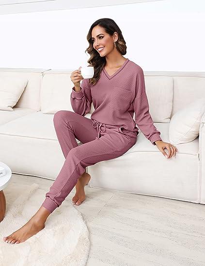 V Neck Waffle Knit Sleepwear Top and Pant Lounge Sets(Buy 2 Free Shipping)