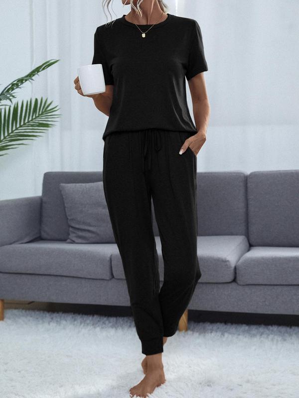 Women's Casual Cozy 2 Piece Wear T-shirt&Cropped Pocket Drawstring Pants Set