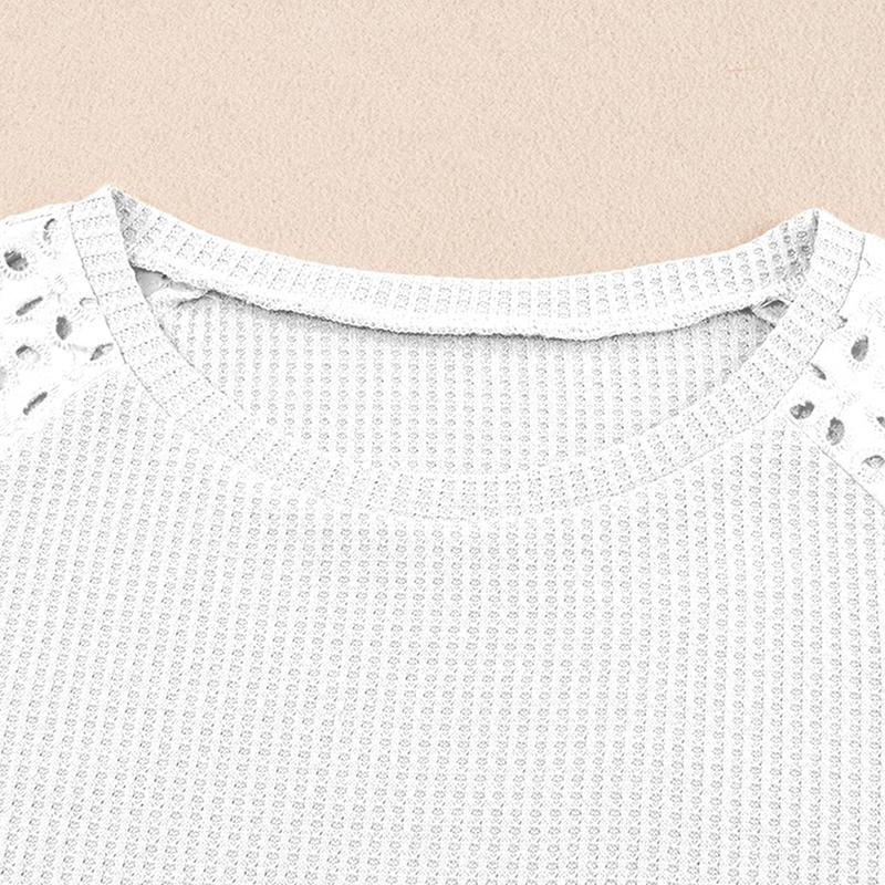 Women Casual Round Neck Waffle Grid Patchwork Hollow Out Embroidered T-Shirt