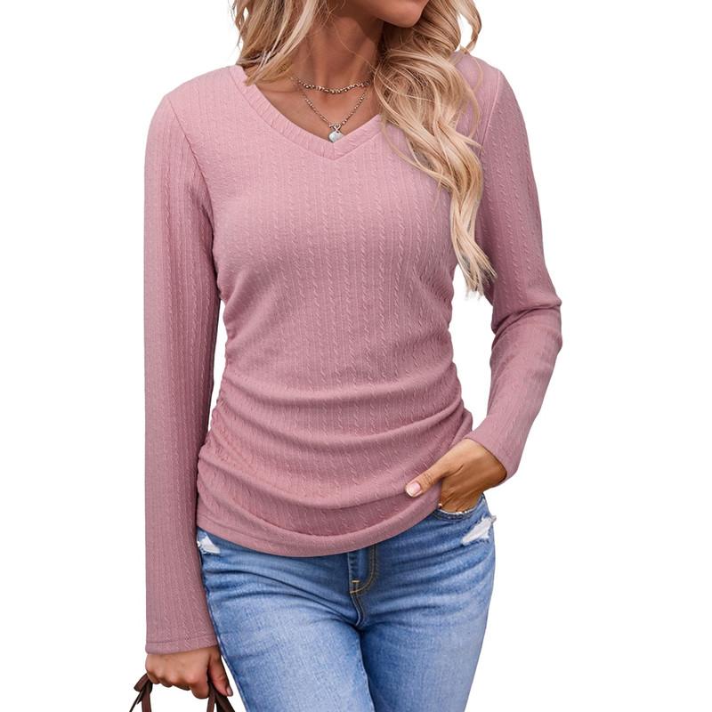 Womens  Solid Ruched Basic Tunics Casual V Neck Long Sleeve Shirts Tops