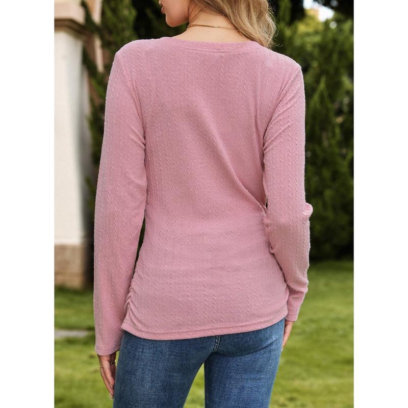 Womens  Solid Ruched Basic Tunics Casual V Neck Long Sleeve Shirts Tops