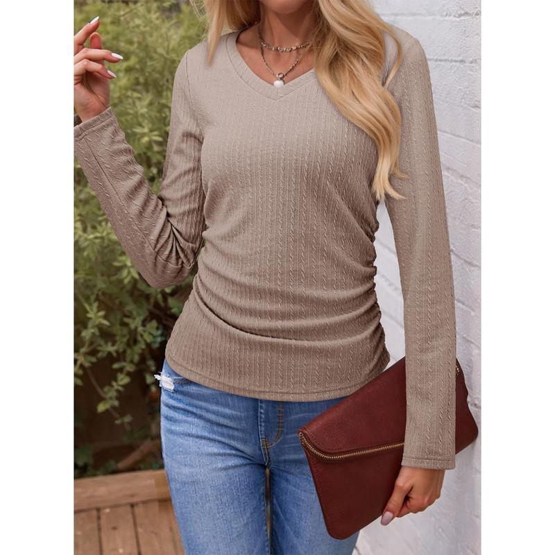 Womens  Solid Ruched Basic Tunics Casual V Neck Long Sleeve Shirts Tops