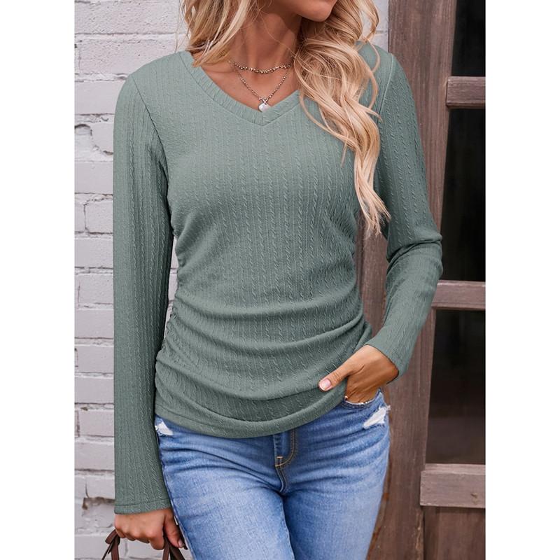 Womens  Solid Ruched Basic Tunics Casual V Neck Long Sleeve Shirts Tops
