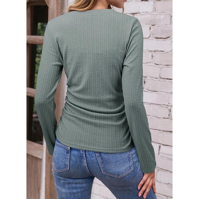 Womens  Solid Ruched Basic Tunics Casual V Neck Long Sleeve Shirts Tops