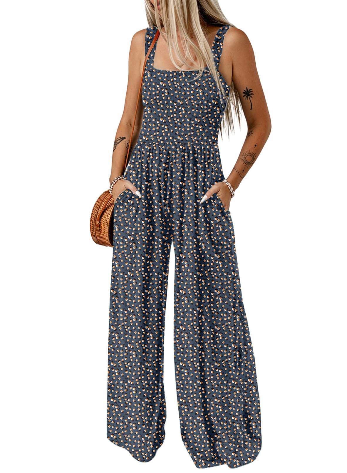 Womens Overalls Casual Floral Print Sleeveless Jumpsuit with Pockets