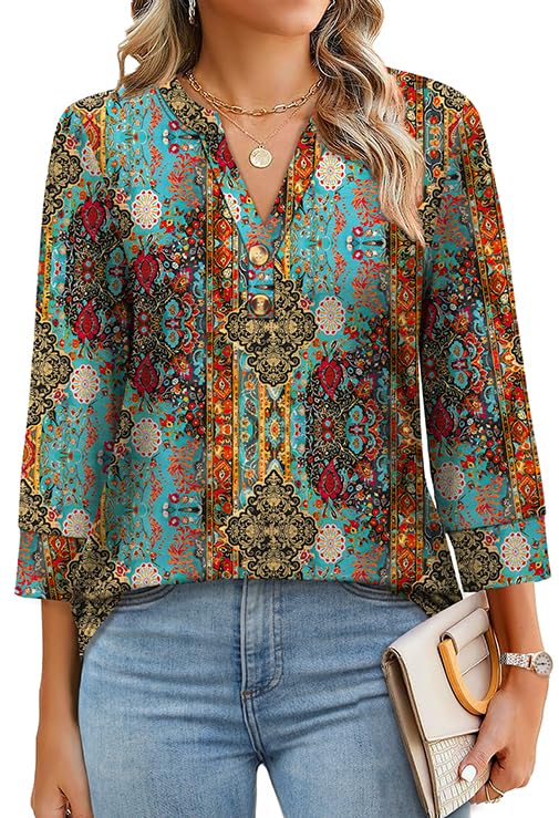 2025 New Womens 3/4 Sleeve Heley Button V neck Tops(buy 3 free shipping)