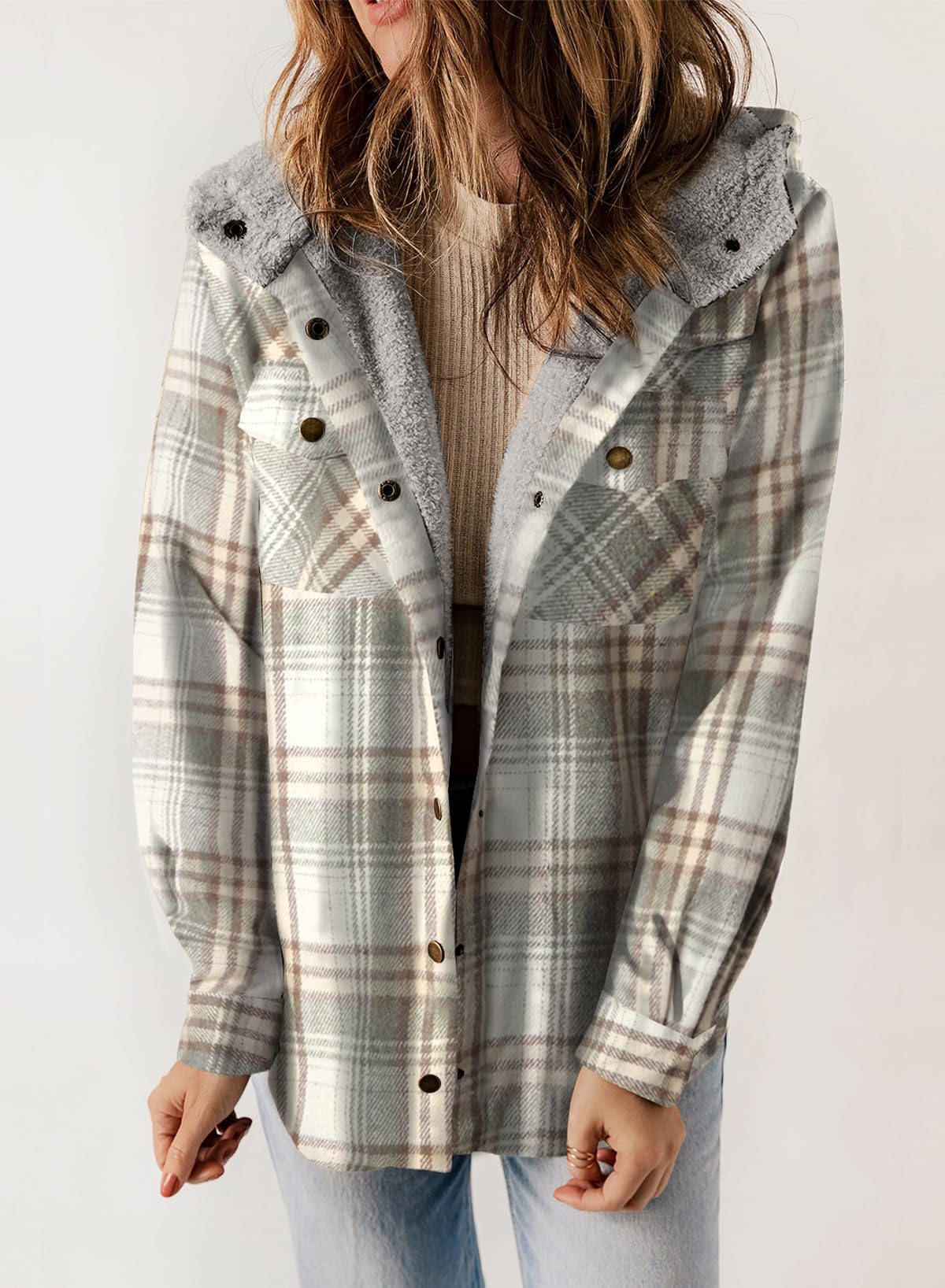 Women's Plaid Long Sleeve Button Fleece Hooded Jacket