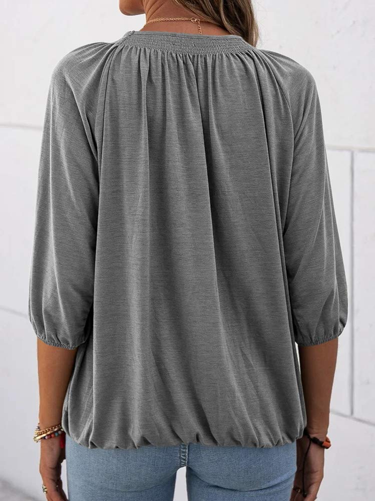 Women's Casual Cotton 3/4 Sleeve Loose Pleated Basic Tops