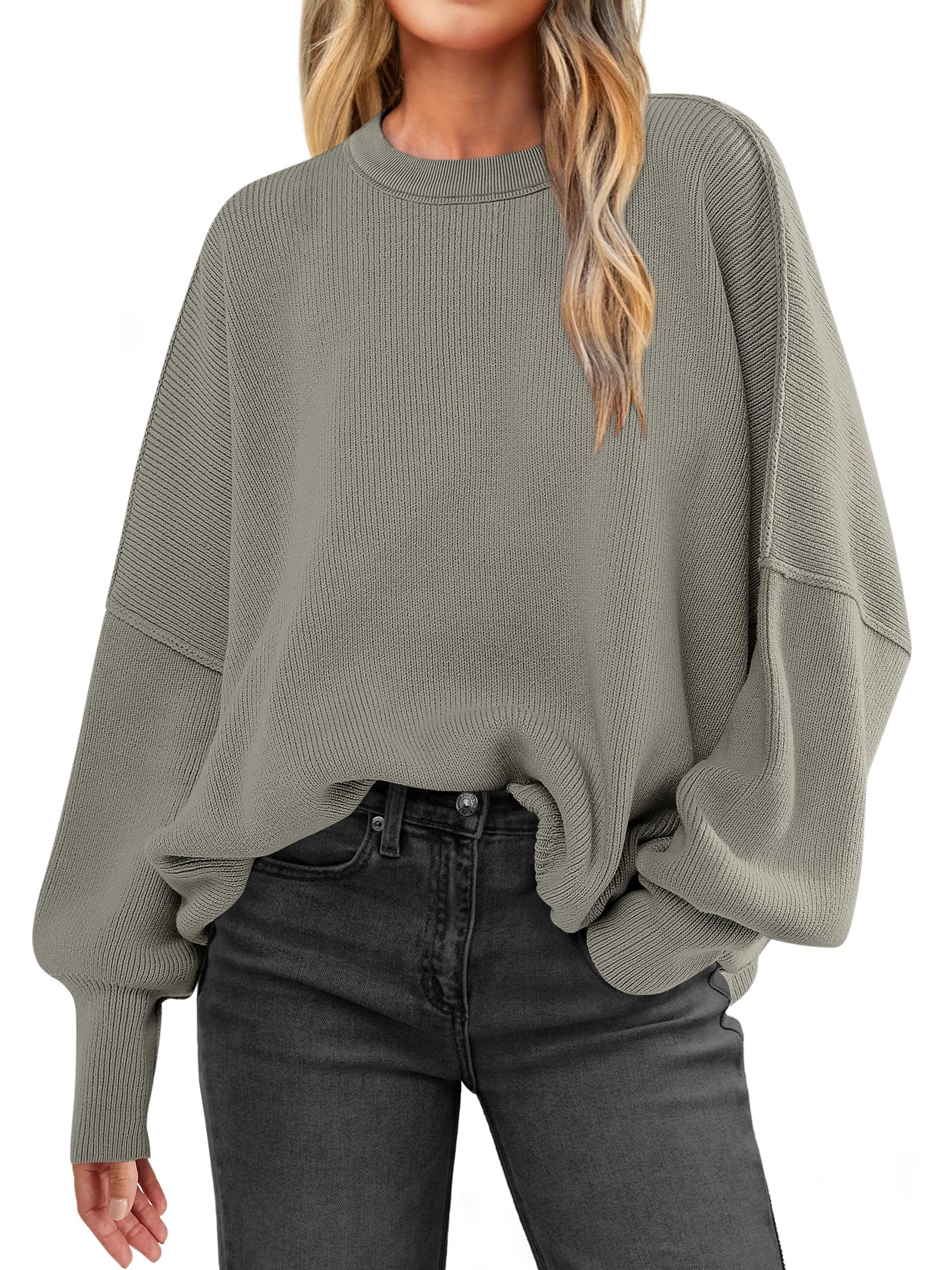 Women Oversized Side Slit Ribbed Knit Pullover Sweaters Top 