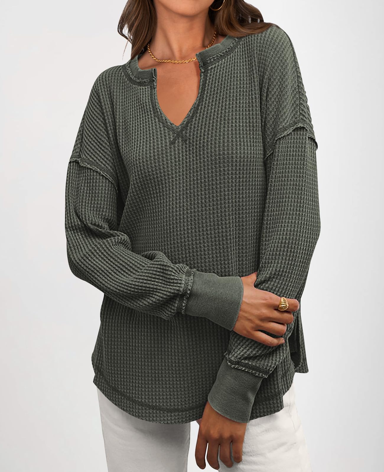 2024 New Women's Waffle Knit Exposed Seam Pullover(buy 2 10% OFF)