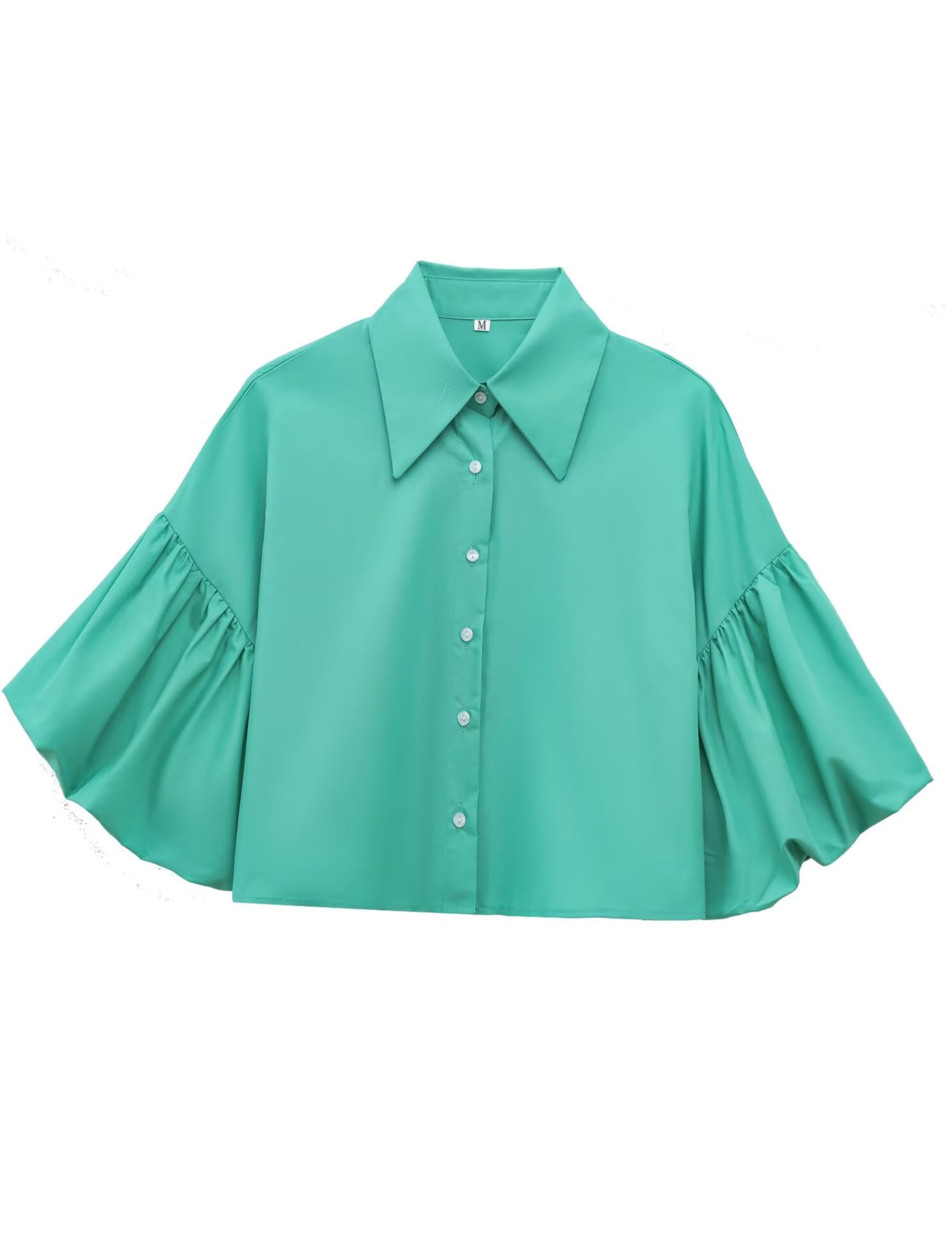 Womens Cute Lantern Sleeve Collar Button Down Crop Tops(buy 2 free shipping)
