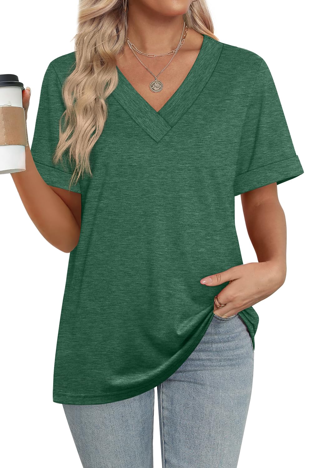 2025 New women's Summer Tops Short Sleeve Basic Casual V Neck T Shirts(BUY 3 FREE SHIPPING)