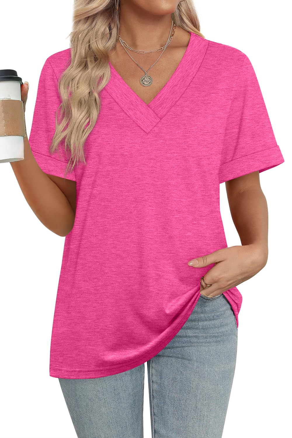 2025 New women's Summer Tops Short Sleeve Basic Casual V Neck T Shirts(BUY 3 FREE SHIPPING)