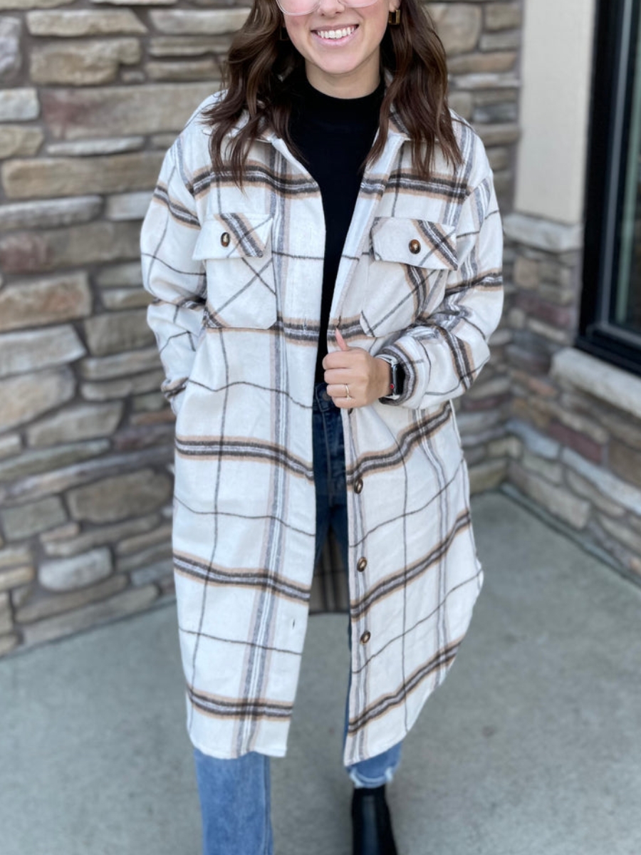 Long Plaid Flannel Shirt Jacket with Pockets (Buy 2 Free Shipping)
