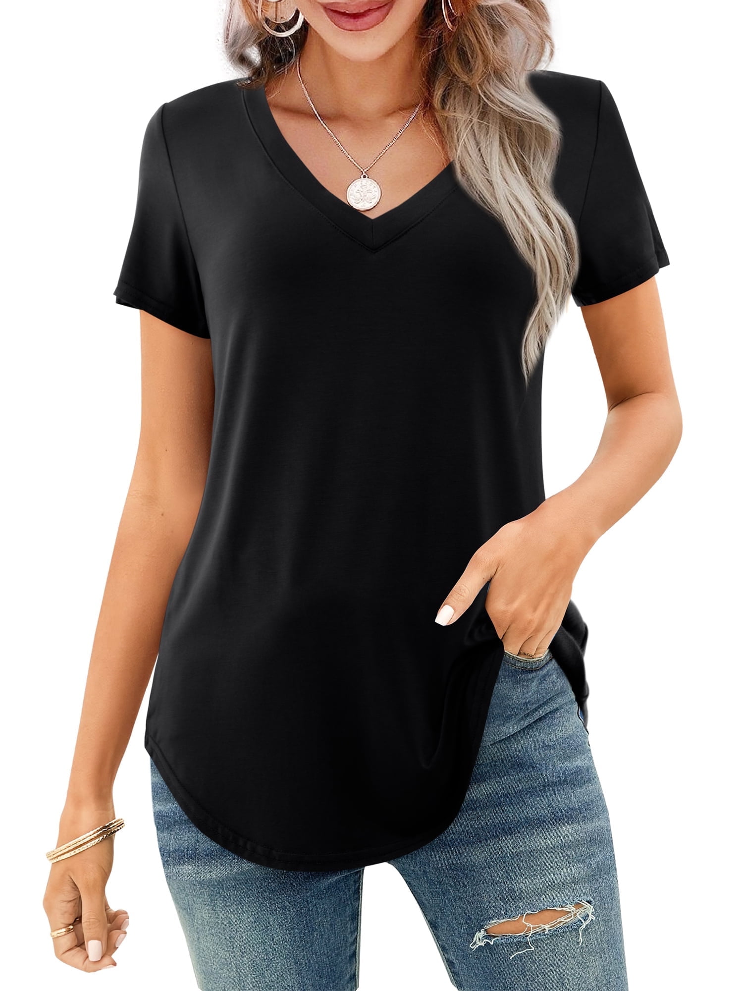 Women's V-neck Short Sleeve Curved Hem Tee Top (Buy 3 Free Shipping)