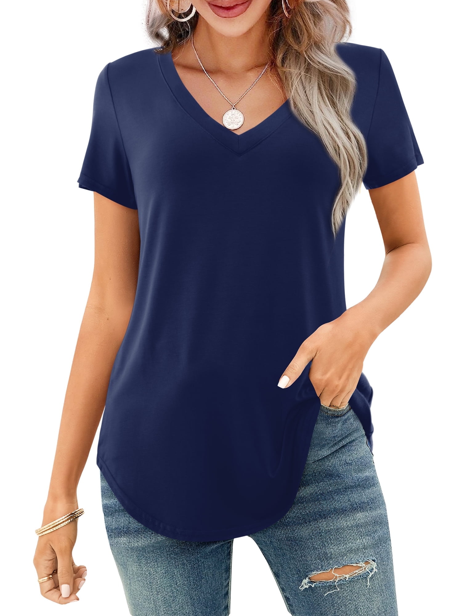 Women's V-neck Short Sleeve Curved Hem Tee Top (Buy 3 Free Shipping)