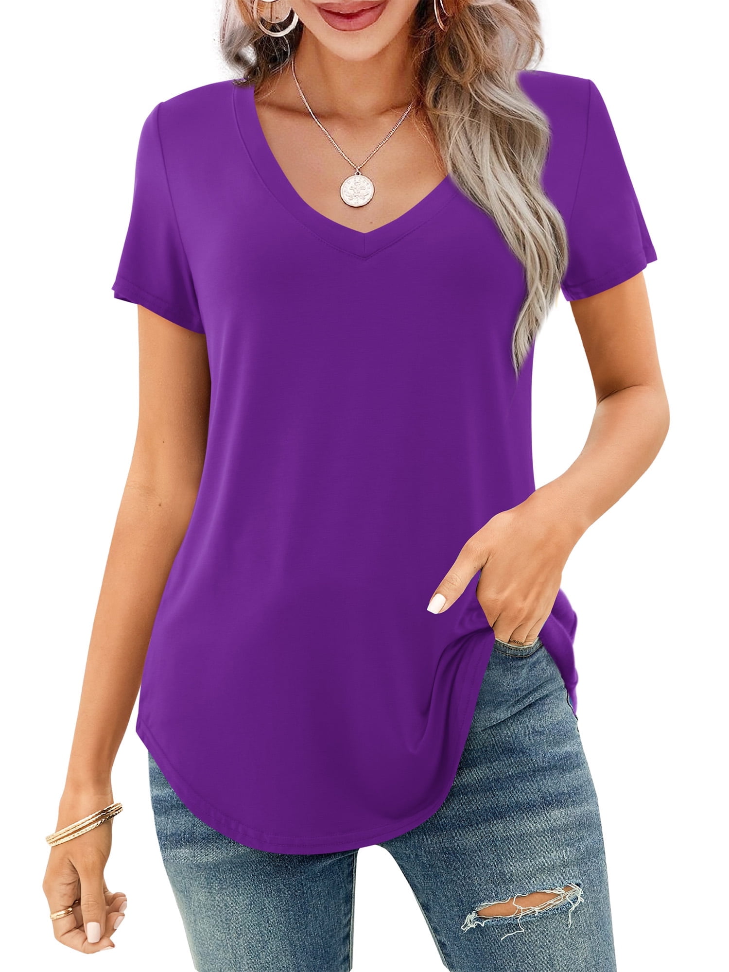 Women's V-neck Short Sleeve Curved Hem Tee Top (Buy 3 Free Shipping)