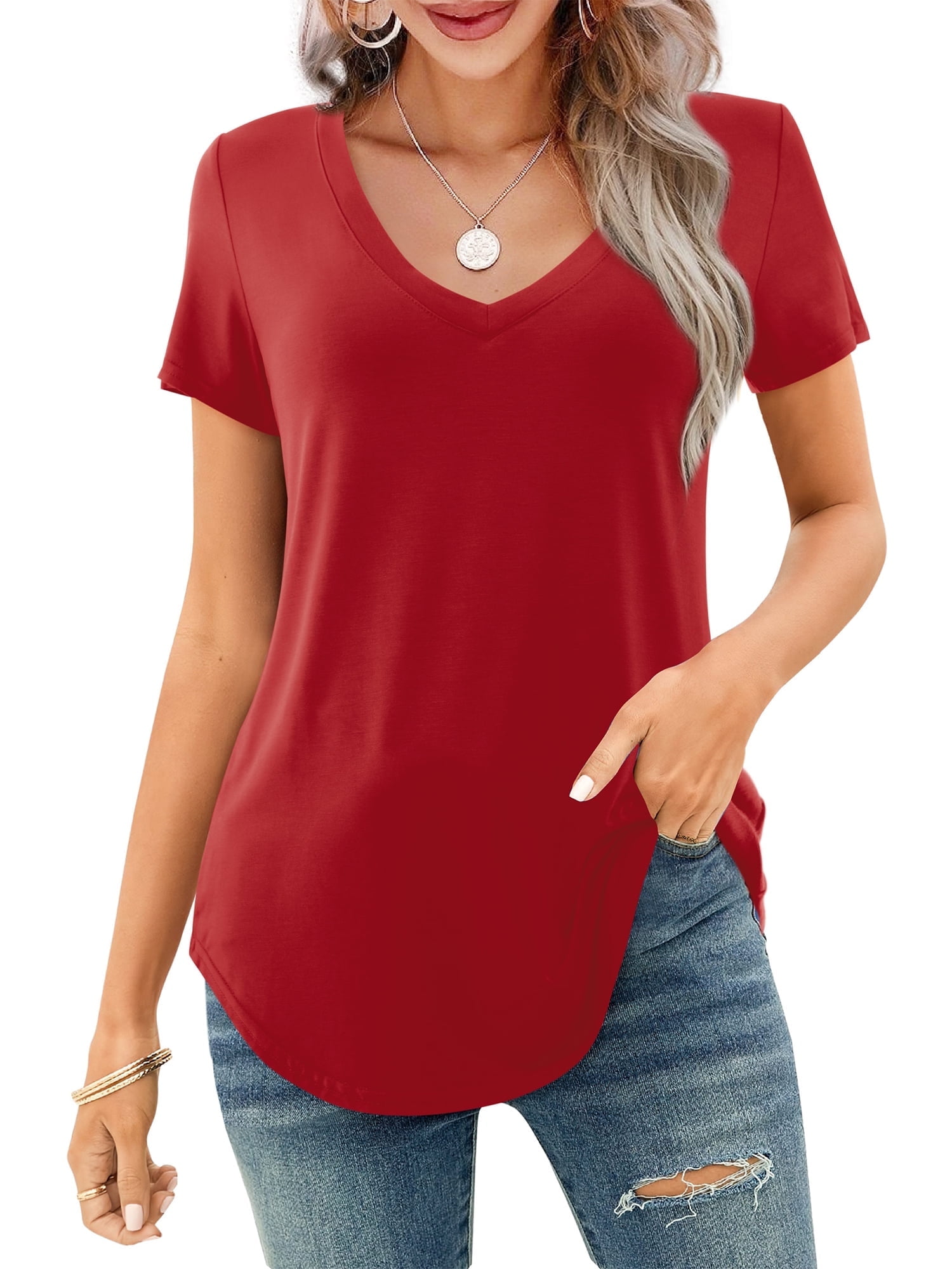 Women's V-neck Short Sleeve Curved Hem Tee Top (Buy 3 Free Shipping)