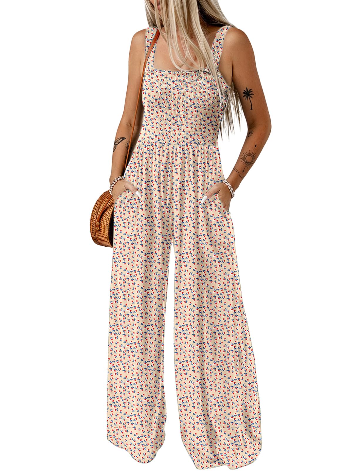 Womens Overalls Casual Floral Print Sleeveless Jumpsuit with Pockets