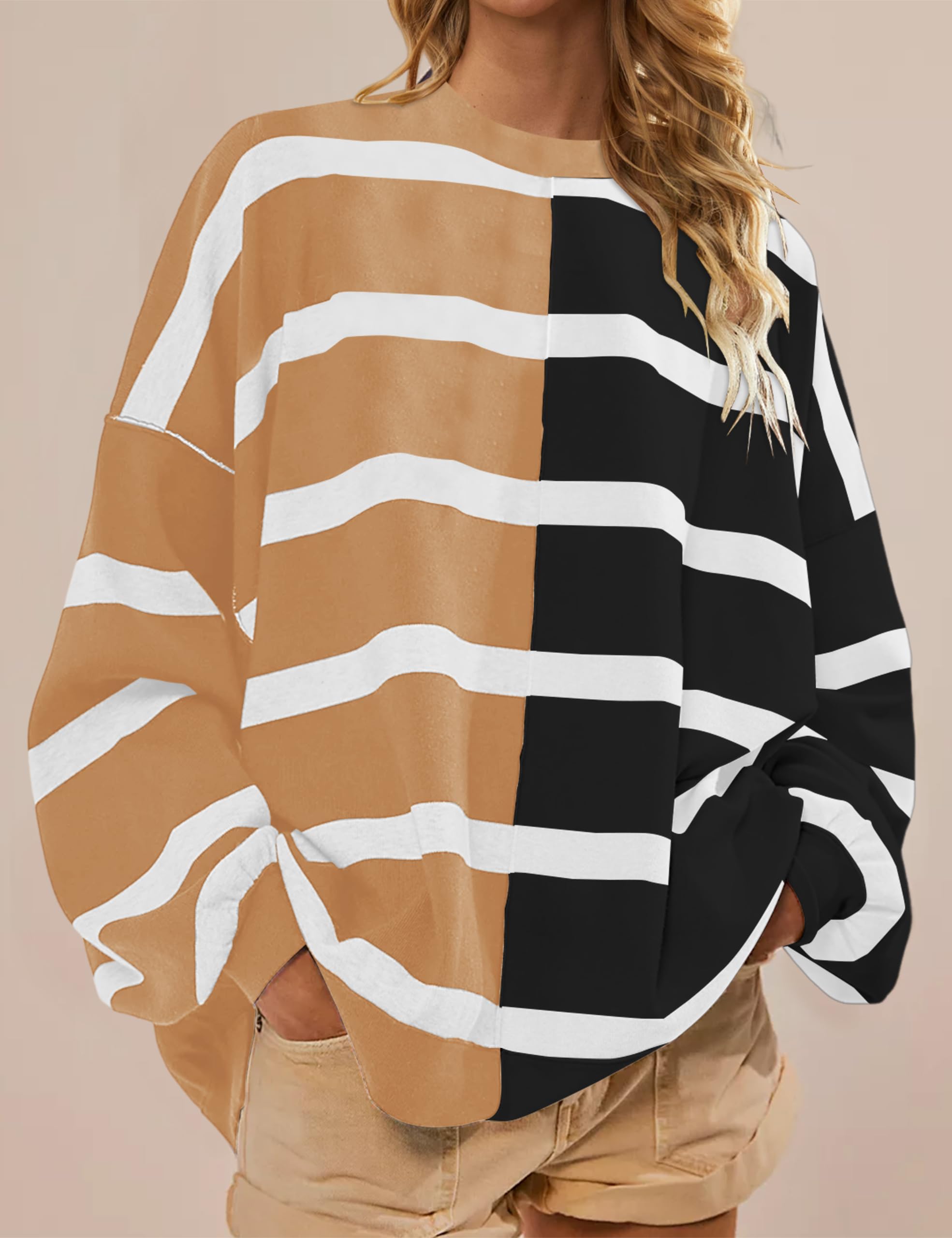 Striped Oversized Crew Neck Colorblock Knit Top(Buy 2 Free Shipping)