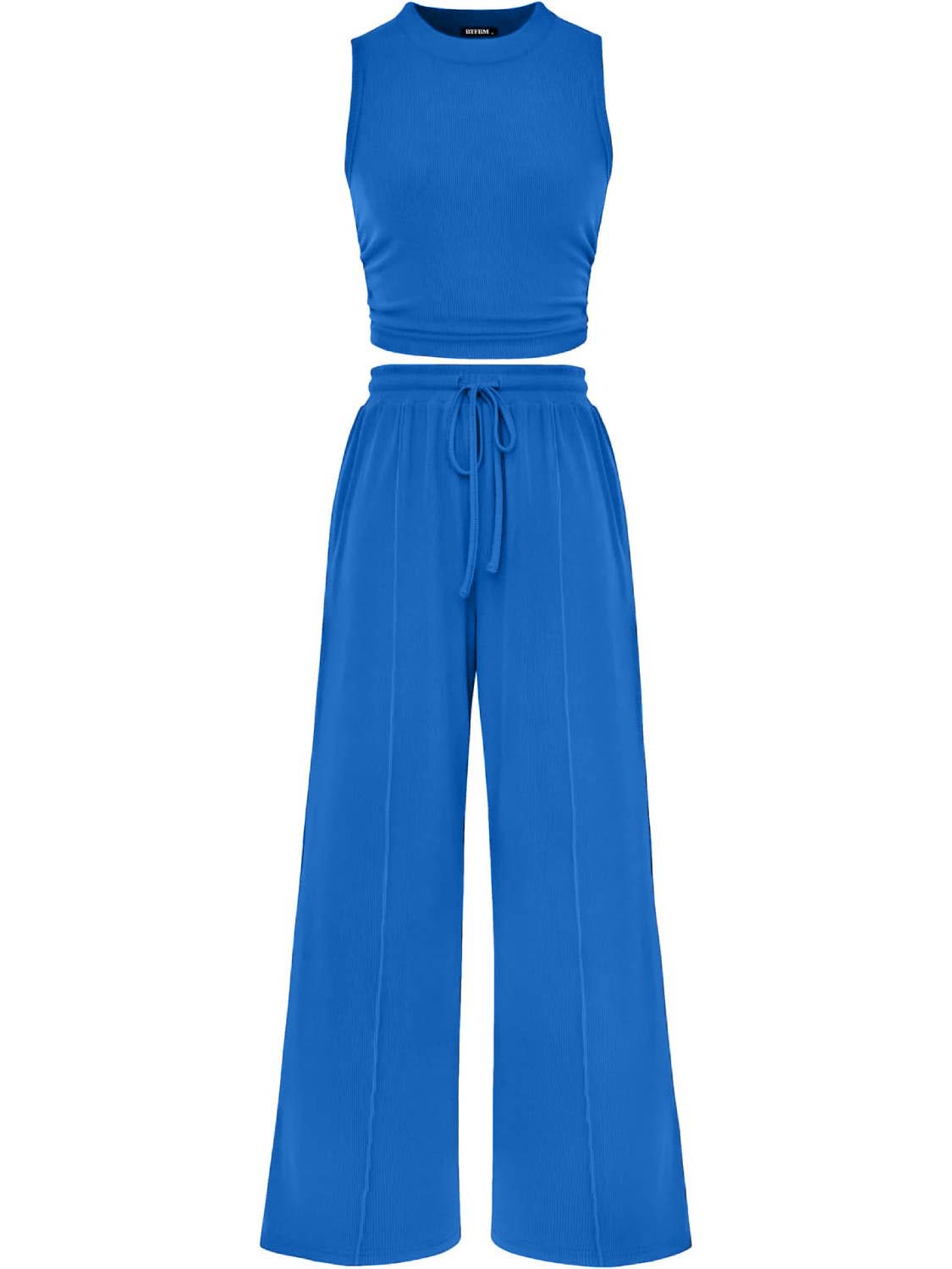 Women Crew Neck Sleeveless Cropped Top Elastic Waist Wide Leg Pants 2 Piece Set